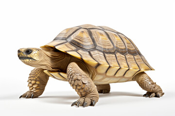 Obraz premium Tortoise standing on a white background. Animal left-side portrait.