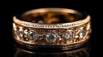 Wedding gold ring with diamonds on a black background close up Selective focus