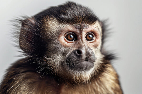 Tufted Capuchin close-up portrait on a white background.