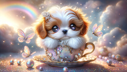 Adorable Fluffy Puppy in a Teacup: A Whimsical Journey Through Clouds and Rainbows