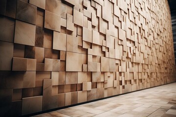 Smooth textured wall made of natural stone tiles. 3D rendered squares create a unique pattern. Generative AI