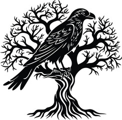 Odin's Celtic Raven on a tree black and white vector illustration