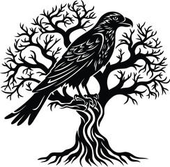 Obraz premium Odin's Celtic Raven on a tree black and white vector illustration