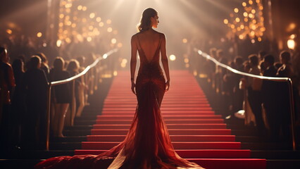 A young lady walked down the red carpet in a gorgeous gown with Generative AI - obrazy, fototapety, plakaty