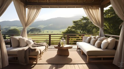 Fototapeta na wymiar Serene veranda retreat with a rattan daybed, flowing curtains, and a view of a peaceful countryside landscape