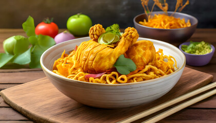 Crispy khao soi, chicken-shaped bowl with vegetables, Thai restaurant background There is space for text.