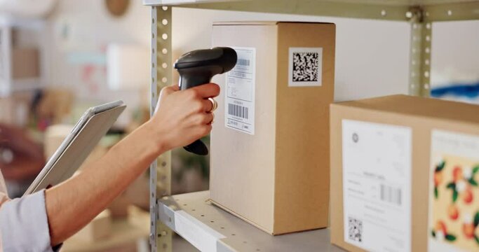 Hand, scanner and box with barcode in warehouse with tablet, inventory app or check stock on shelf. Workshop person, cardboard package and QR code with touchscreen for shipping, supply chain and info
