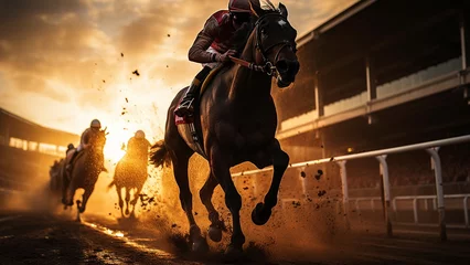 Fotobehang Close up photo of horse racing at the competition with Generative AI © chocoloki