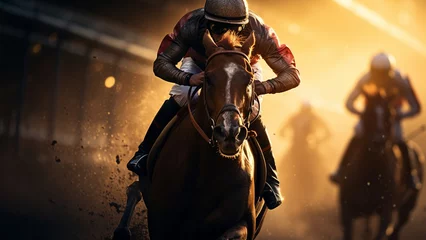 Foto op Canvas Close up photo of horse racing at the competition with Generative AI © chocoloki