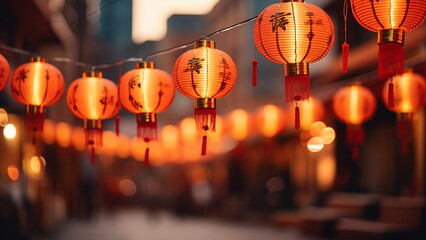 Close up photo of Chinese lantern on the street. Chinese new year concept - obrazy, fototapety, plakaty