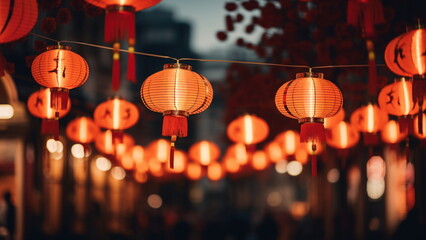 Close up photo of Chinese lantern on the street. Chinese new year concept - obrazy, fototapety, plakaty