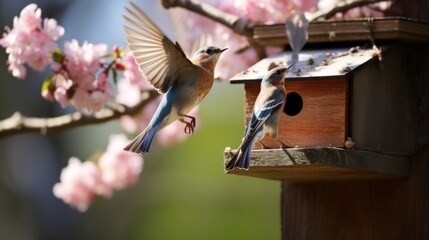 Eurasian Bluebird (Sialia sialis) on bird feeder - obrazy, fototapety, plakaty