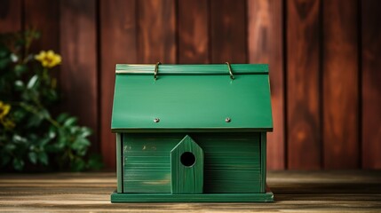 Green birdhouse on wooden table against wooden planks background with vignette