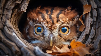 Little owl in the hollow of a tree. Close-up