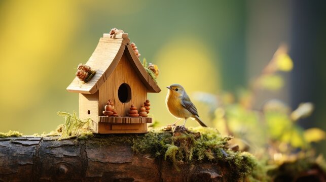 A robin perched on a wooden birdhouse in the forest