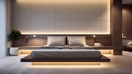 Simple bedroom design with a platform bed, recessed lighting, and a cohesive color palette