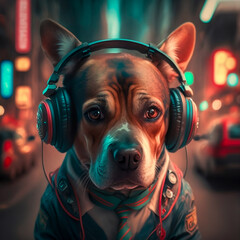 A cute dog looking at the camera and wired a headphone