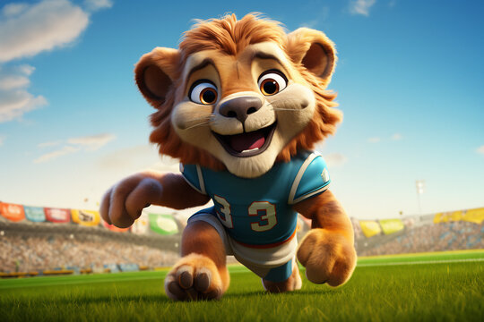 Cute cartoon character lion American football player. Generative AI image.