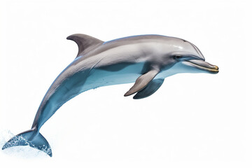 Fototapeta premium Dolphin breaching out of the water isolated in a white background, side portrait