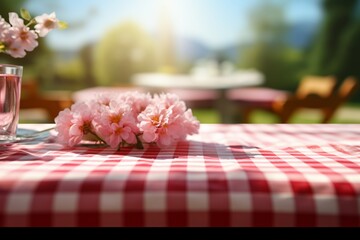 Blurred elegance complements gingham, as it adorns the tabletop delicately. - obrazy, fototapety, plakaty