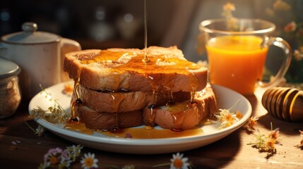 French toast with honey and tea on wooden table in morning light
