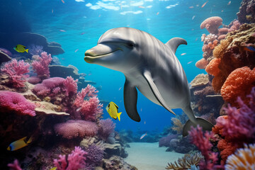 Obraz premium Dolphin swimming underwater in a colorful marine environment. Animal side portrait.