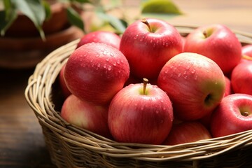 Naklejka na ściany i meble Orchard gem Red apple showcased in a charming rustic basket.