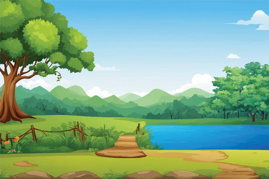 vector forest scene with a hiking track and many trees, vector forest scene with various forest trees