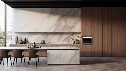 Sleek kitchen design with handle-less cabinets, integrated appliances, and a marble backsplash