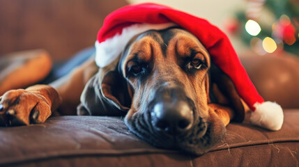 Festive Hound: Bloodhound in a Santa Hat. Generative AI - obrazy, fototapety, plakaty