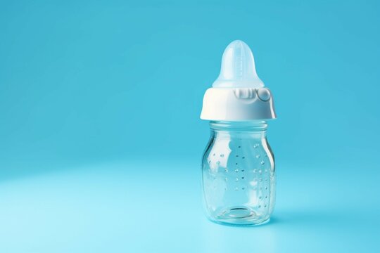 Babys world Blue background, pacifier, bottle, cap with copy space.