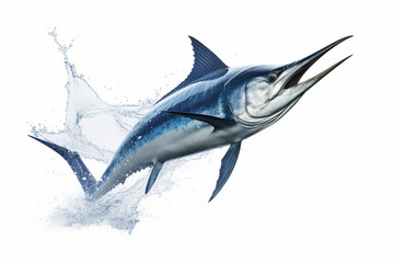 Marlin leaping out of the water isolated on a white background. Animal side portrait.