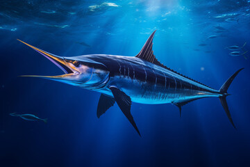 Obraz premium Marlin swimming underwater. Animal side portrait.