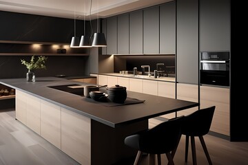 Sleek modern classic minimalist kitchen with integrated appliances, a clutter-free countertop, and a timeless aesthetic