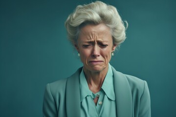 Grieved businesswoman in a portrait, showing deep sorrow for sad news, on a muted jade background