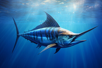 Obraz premium Marlin swimming underwater. Animal side portrait.