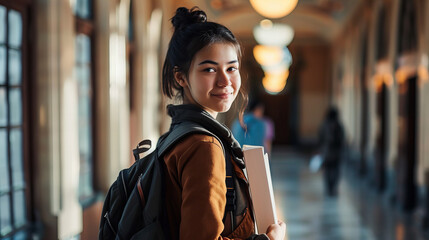 smiling student with backpack and some papers is posing in the hall at university - obrazy, fototapety, plakaty