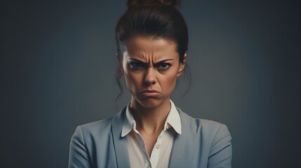 Indignant businesswoman in a portrait, showing anger and annoyance at news, on a muted bronze background - obrazy, fototapety, plakaty