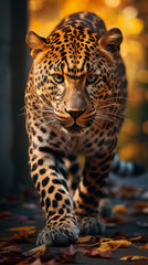 Naklejka premium A leopard walks along the road, looking formidable. There was sunlight shining down in a beautiful golden light.