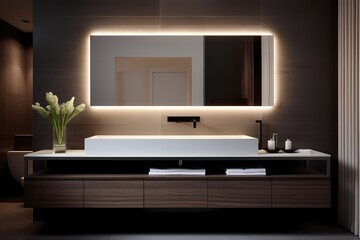 Sleek modern classic minimalist bathroom featuring a floating vanity, mirror with integrated lighting, and a spa-like atmosphere