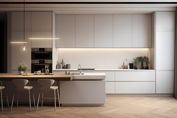 Fototapeta na wymiar Sleek modern classic minimalist kitchen with integrated appliances, a clutter-free countertop, and a timeless aesthetic