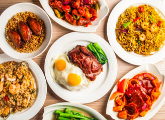 roasted pork with fried sunny egg and rice, chicken wings noodles set, fried ribs with pineapple, sweet and sour ribs, singapore style fried rice noodles, seafood fried rice with xo sauce and kai lan