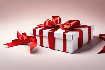 Create an exquisite 3D rendering of an open red gift box, adorned with rich red ribbons and a perfectly tied bow, elegantly isolated on a pristine white background.

