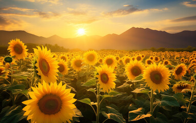 Fototapeta premium Morning sunflower field There was golden light from the sun shining on the sunflower field.