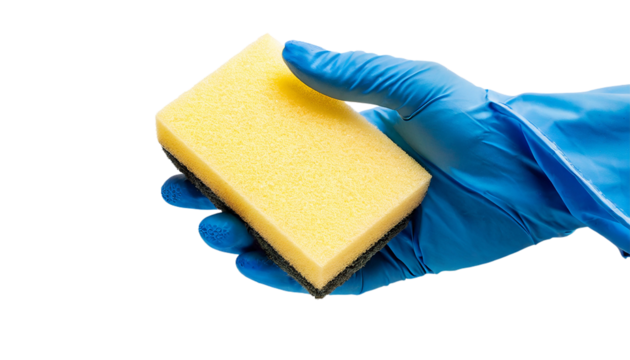 Hand in rubber glove holding sponge, isolated on transparent background. Cleaning service concept
