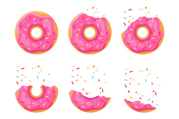 Bitten donut set, sequence game animation of eaten doughnut. Animated stages of eating food dessert of bakery, bite progression of round cake with pink cream and crumbs cartoon vector illustration