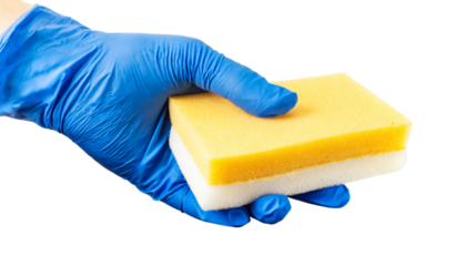 Hand in rubber glove holding sponge, isolated on transparent background. Cleaning service concept