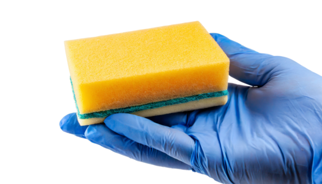 Hand in rubber glove holding sponge, isolated on transparent background. Cleaning service concept