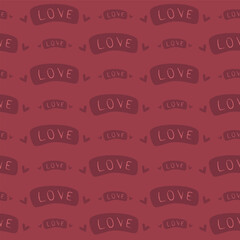 Seamless pattern of word love with hearts for Valentine's day in red colors.Vector illustration.