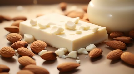 Almond nuts and chocolate bars close-up, shallow depth of field